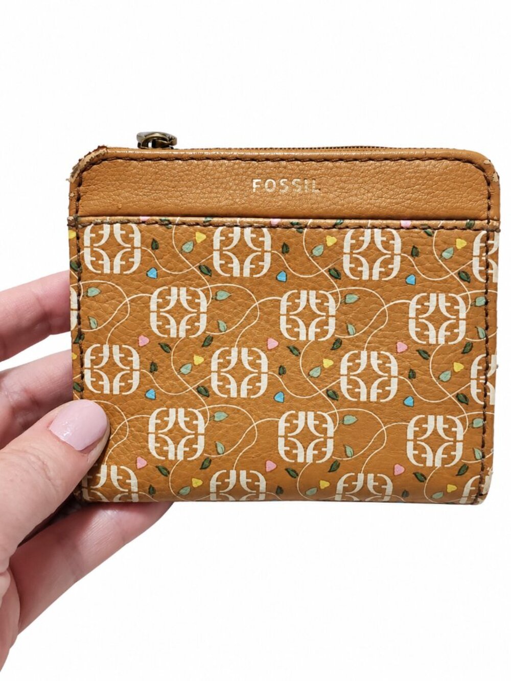 FOSSIL Jori Bifold Wallet Brown Monogram Print Faux Leather Zip Pocket Compact